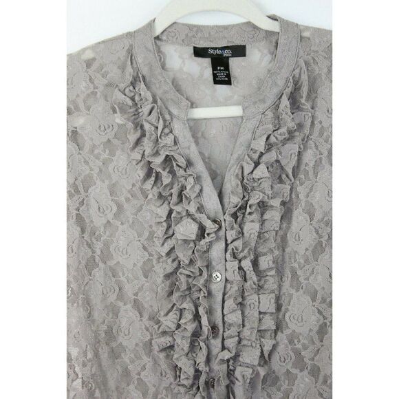 Style & Co Lace Blouse Button Front Ruffle Gray Sheer 3/4 Sleeves Petite MP NEW - Picture 2 of 7
